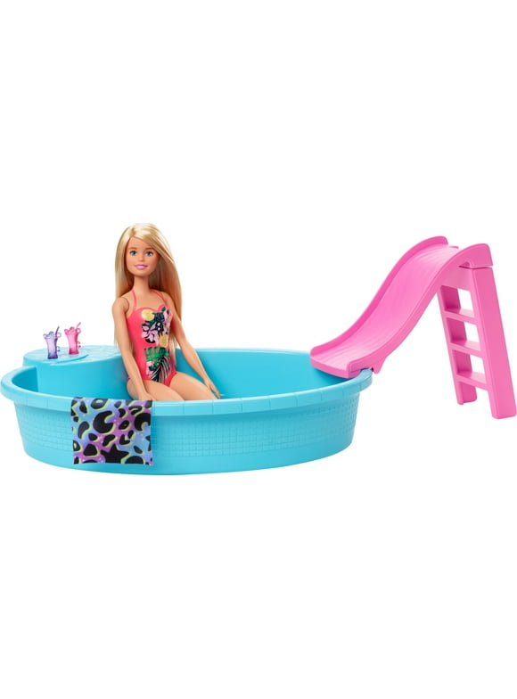 Barbie Doll and Pool Playset with Slide and Accessories, Blonde in Tropical Swimsuit