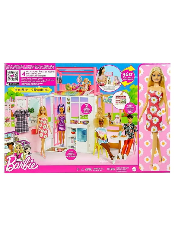 Barbie Dollhouse with Doll, 2 Levels & 4 Play Areas, Fully Furnished, 3 to 7 Year Olds