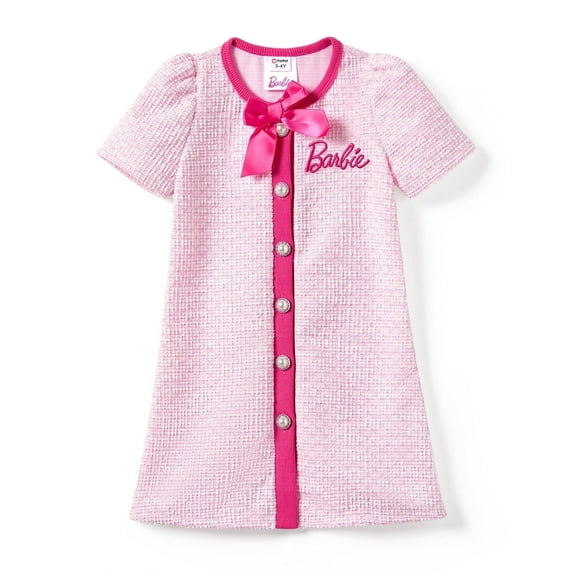 Barbie Girls Dresses Pink Tweed Crew Neck Bowknot Single Breasted Knit Outfits Gift Sizes 2-12