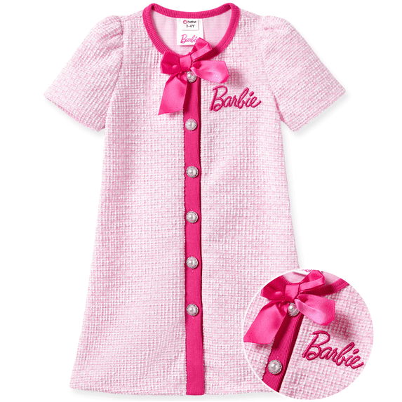 Barbie Girls Dresses Pink Tweed Crew Neck Bowknot Single Breasted Knit Outfits Gift Sizes 2-12