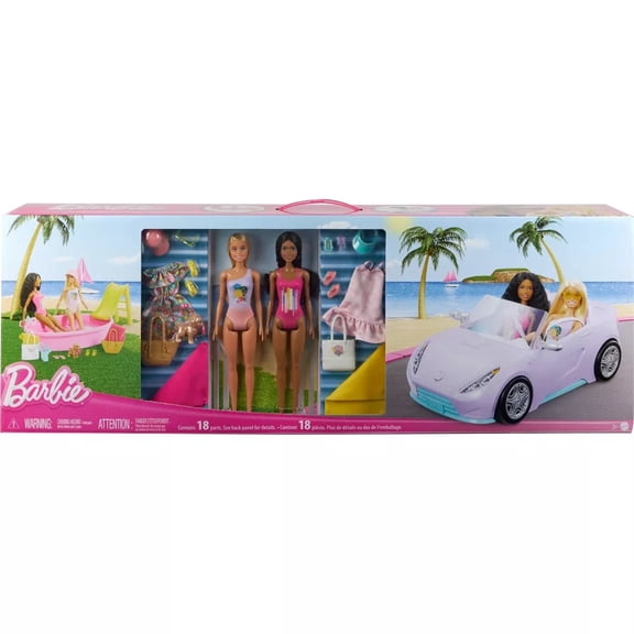 Barbie Dolls with Pool, Clothes and Barbie Car, Plastic, Polyester