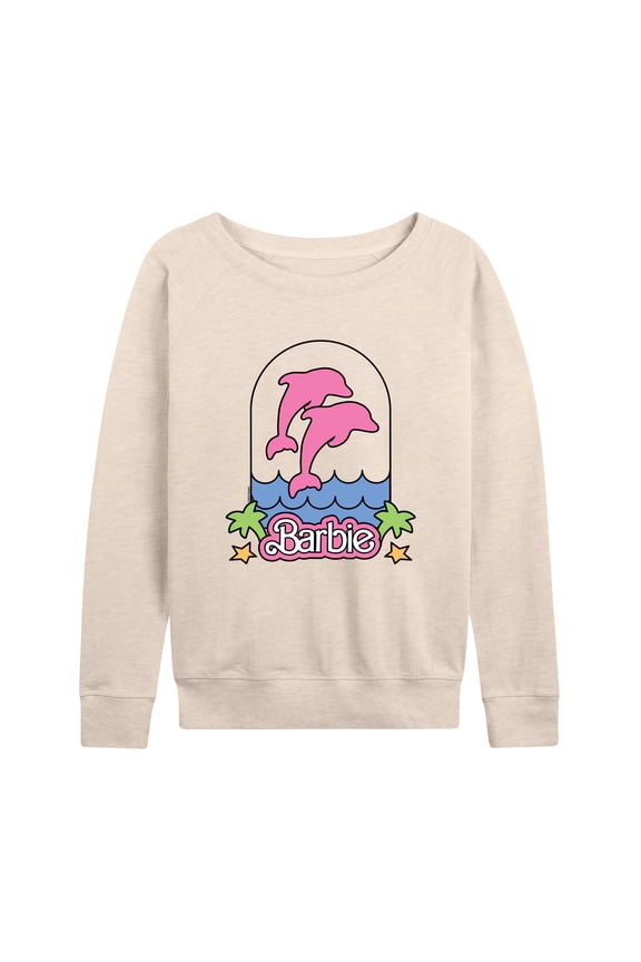 - Pink Dolphins Logo with Stars Lightweight French Terry Wide Neck Long Sleeve Graphic Shirt