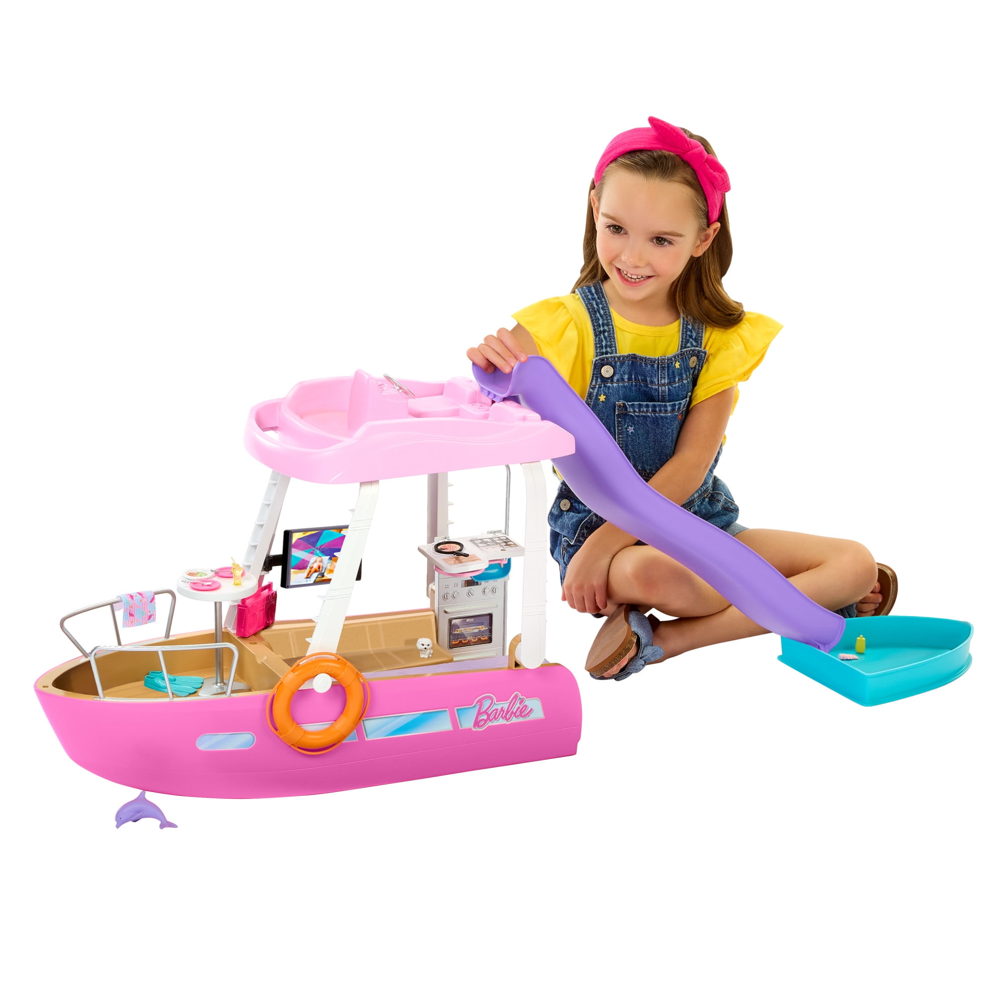 Walmart discounts of Barbie Wave Swimming Dream Boat Toy Set with Dolphin, Pool, Slide & 20+ Accessories