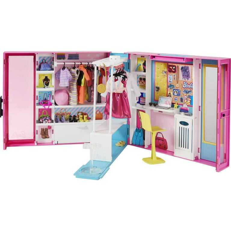 Barbie Juego Dream Closet, más de 35 prendas y accesorios que incluyen 5  looks completos, segundo nivel emergente, espejo y conducto de lavandería