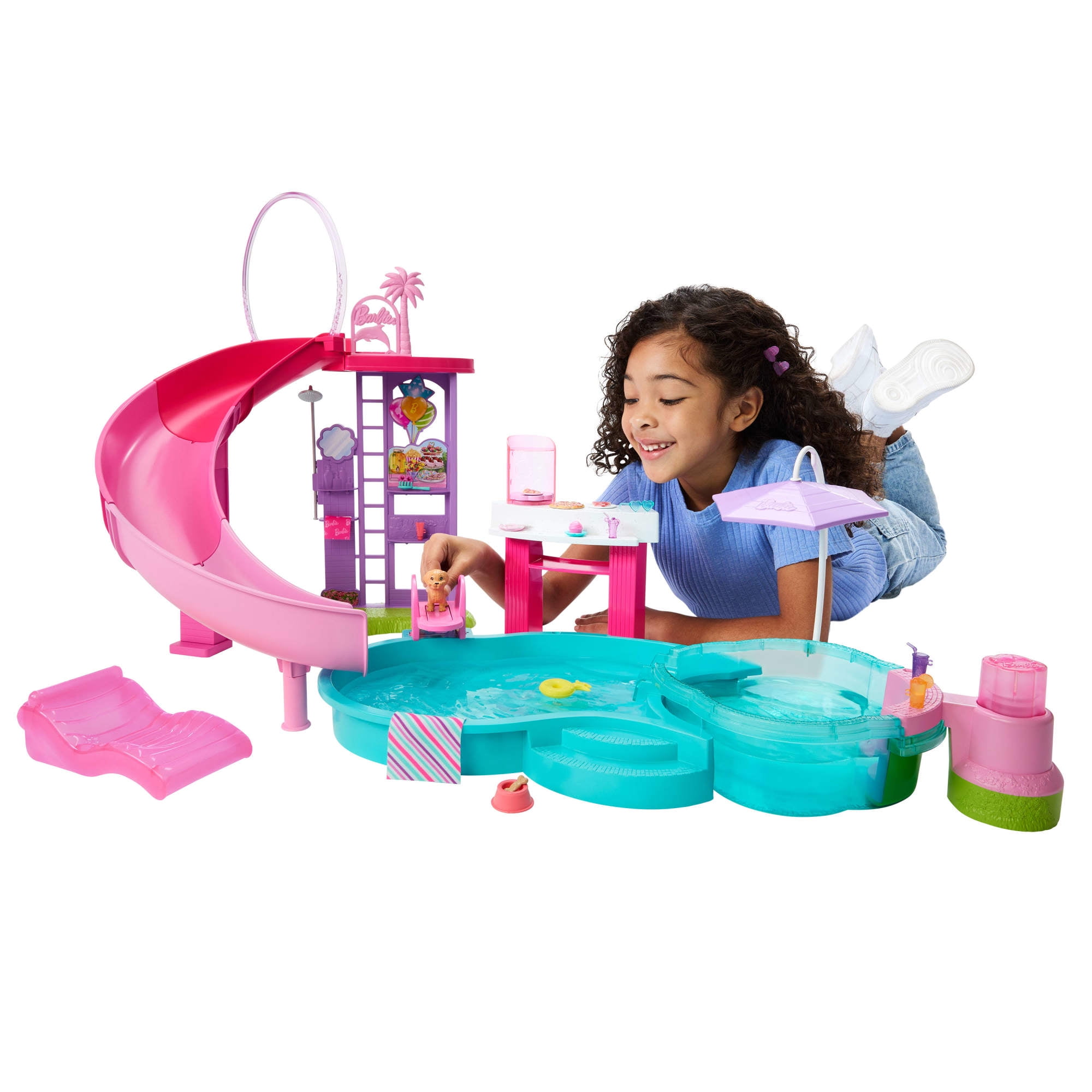 Barbie Dream Pool Playset with Slide & Bubbling Hot Tub, 20+ Accessories Including Pet, Floaties & More