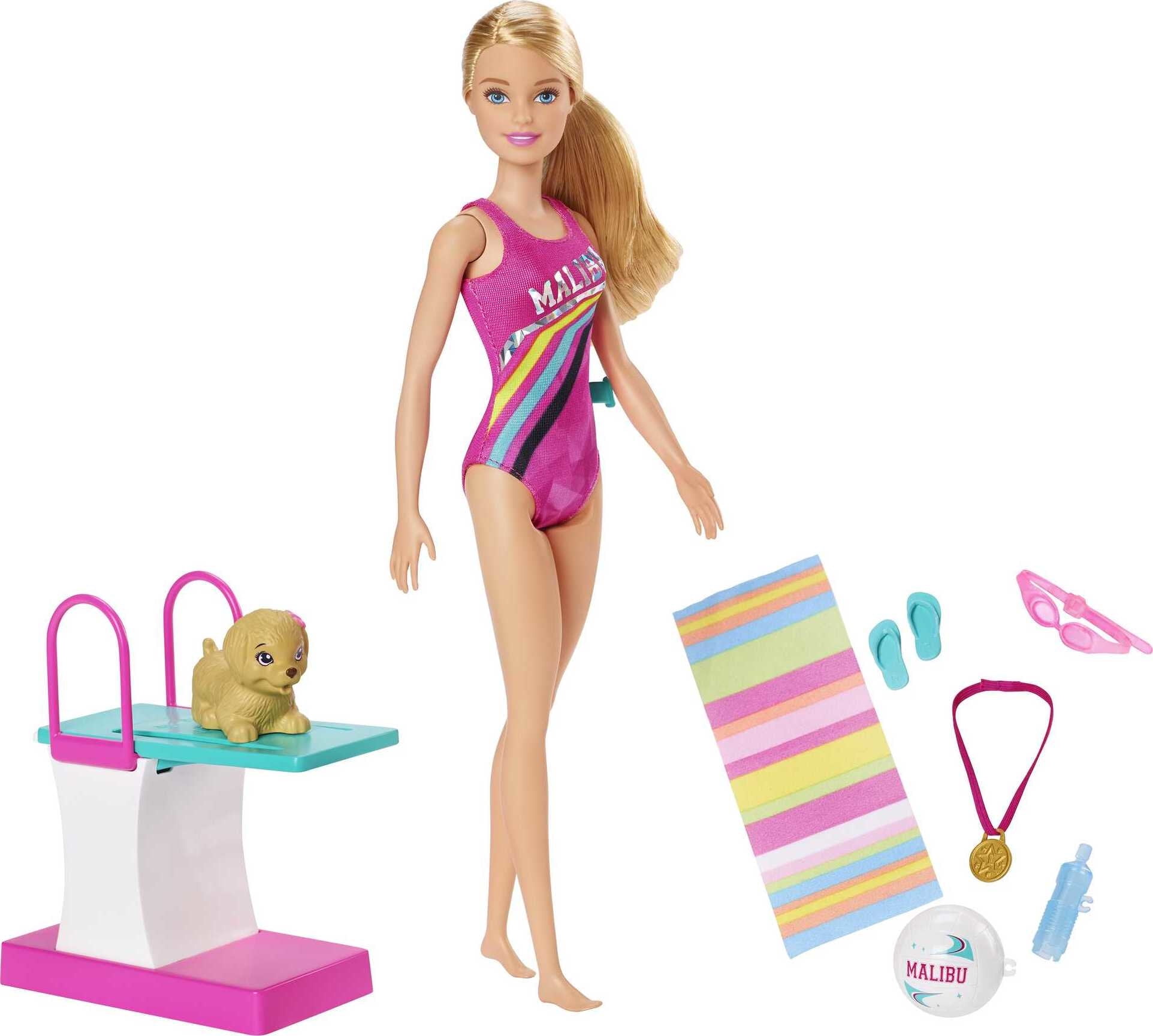 Barbie Dreamhouse Adventures Swim n Dive Doll 11.5 inch with Diving Board Puppy and Water Toys Walmart