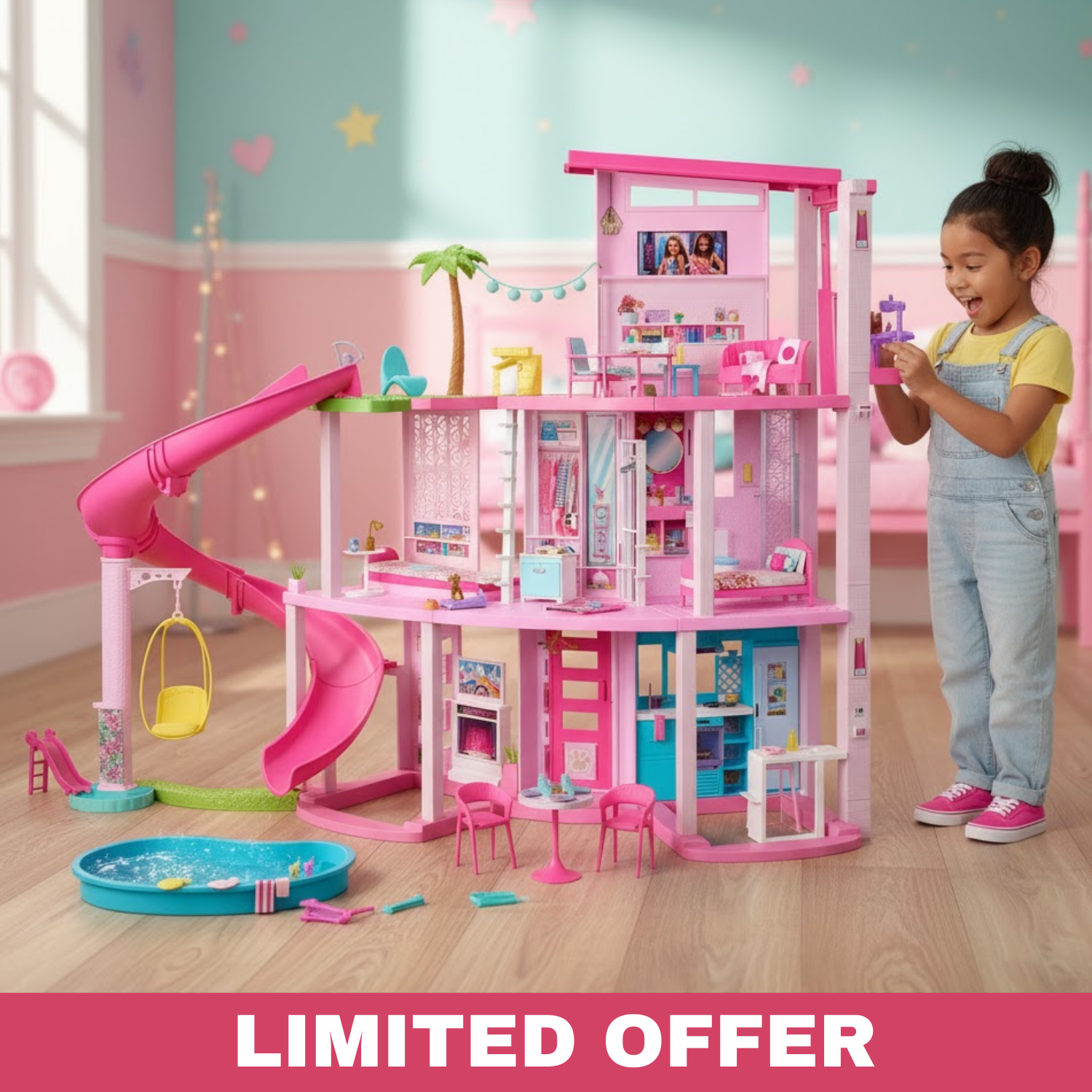 Barbie Dreamhouse Pool Party Doll House and Playset with 75 Pieces 45 in