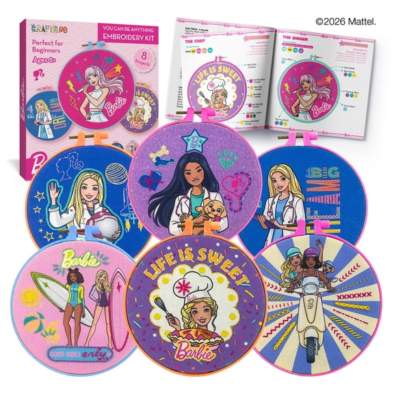 Barbie Embroidery Kit for Girls Ages 8-12 - 8 Designs, 2 Hoops