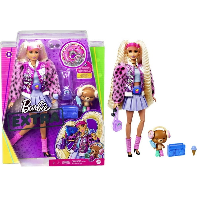 Barbie Extra Doll 8 In Varsity Jacket With Furry Arms and Pet Teddy Bear