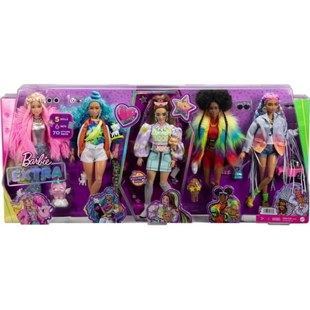 Barbie Extra Fashion Doll 5-Pack with 6 Pets & 70 Styling Pieces, Clothes & Accessories