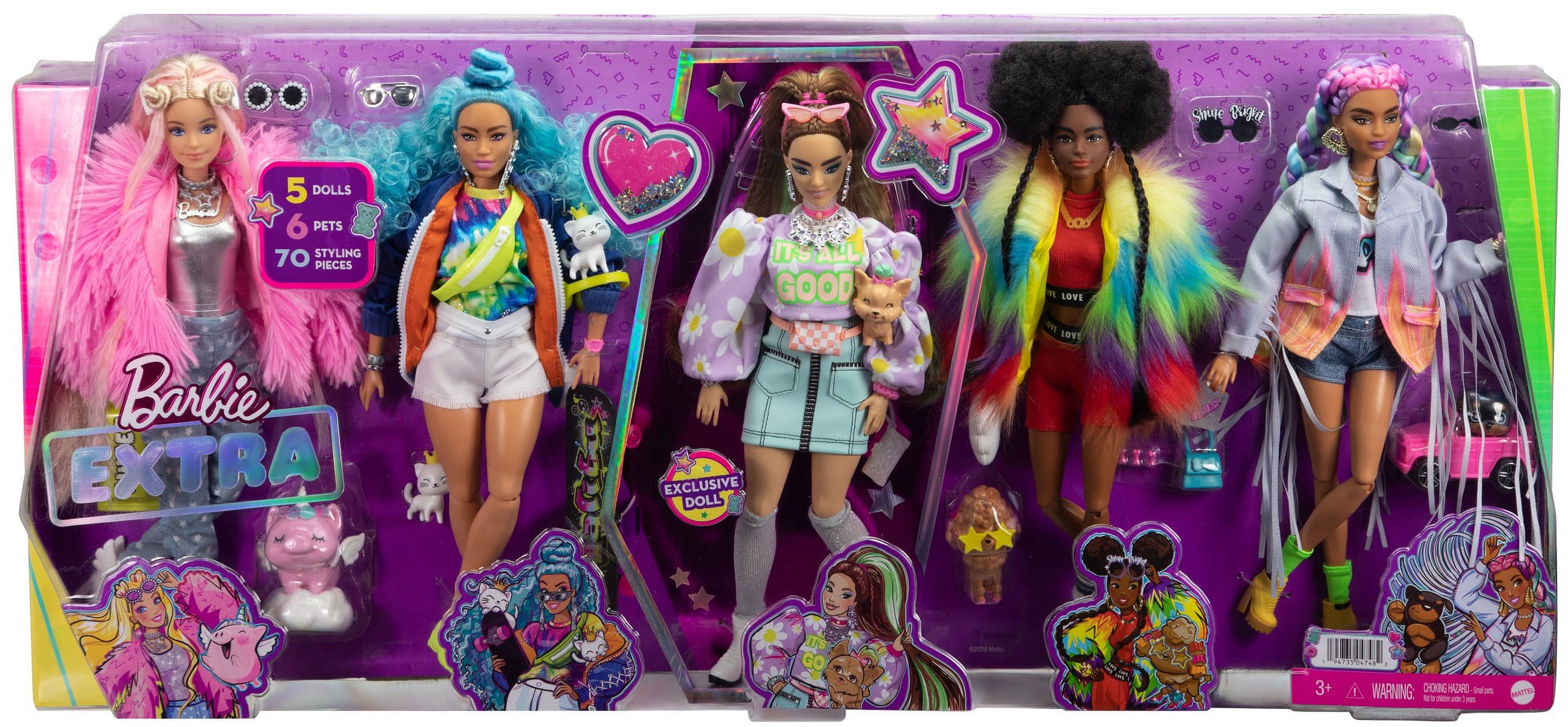 Barbie Extra Fashion Doll 5-Pack with 6 Pets & 70 Styling Pieces, Clothes & Accessories - image 1 of 22