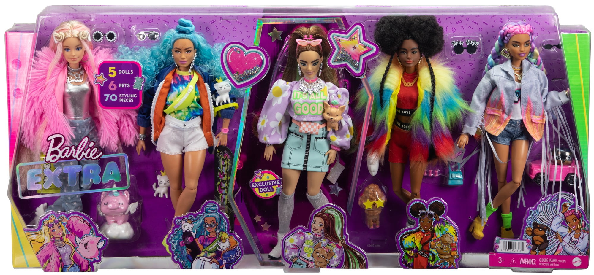 Helemaal droog Wind Gek Barbie Extra Fashion Doll 5-Pack with 6 Pets & 70 Styling Pieces, Clothes &  Accessories - Walmart.com