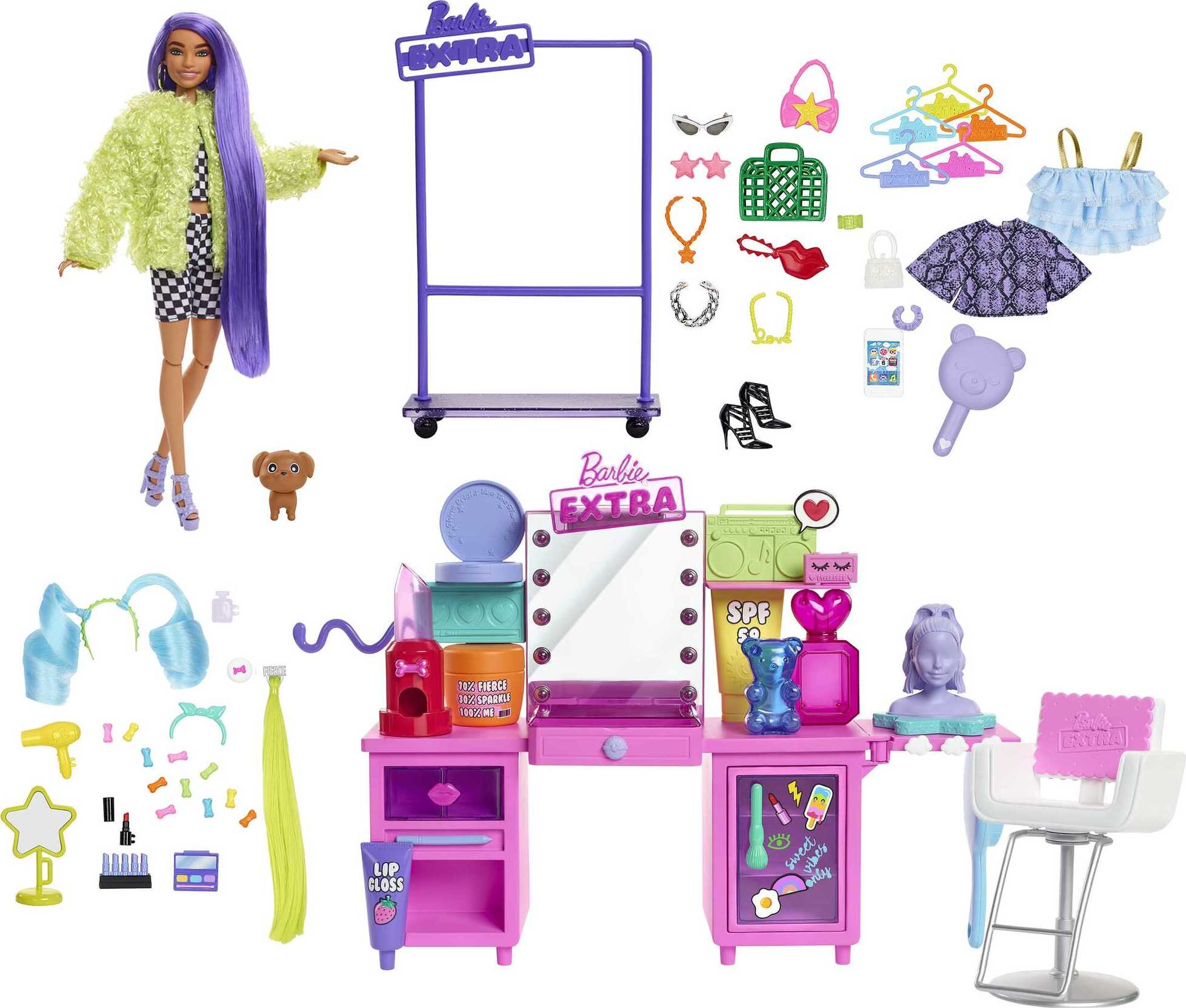 Barbie Extra Fashion Doll and Vanity Playset with 45+ Accessories, Vanity and Puppy - image 1 of 8