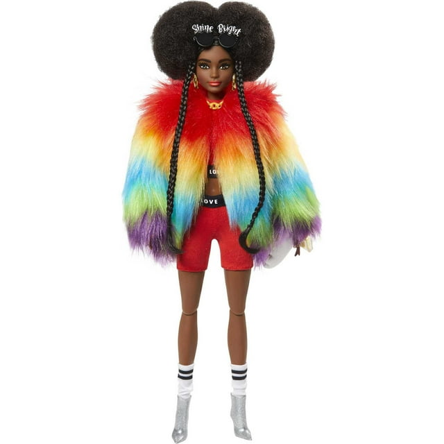 Barbie Extra Fashion Doll with Afro-Puffs in Shaggy Rainbow Coat with Accessories & Pet