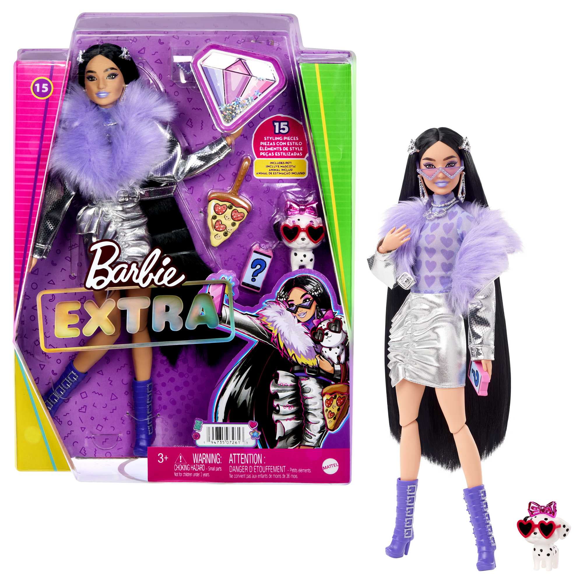 Barbie Extra Fashion Doll with Black Hair, Metallic Silver Jacket,  Accessories and Pet