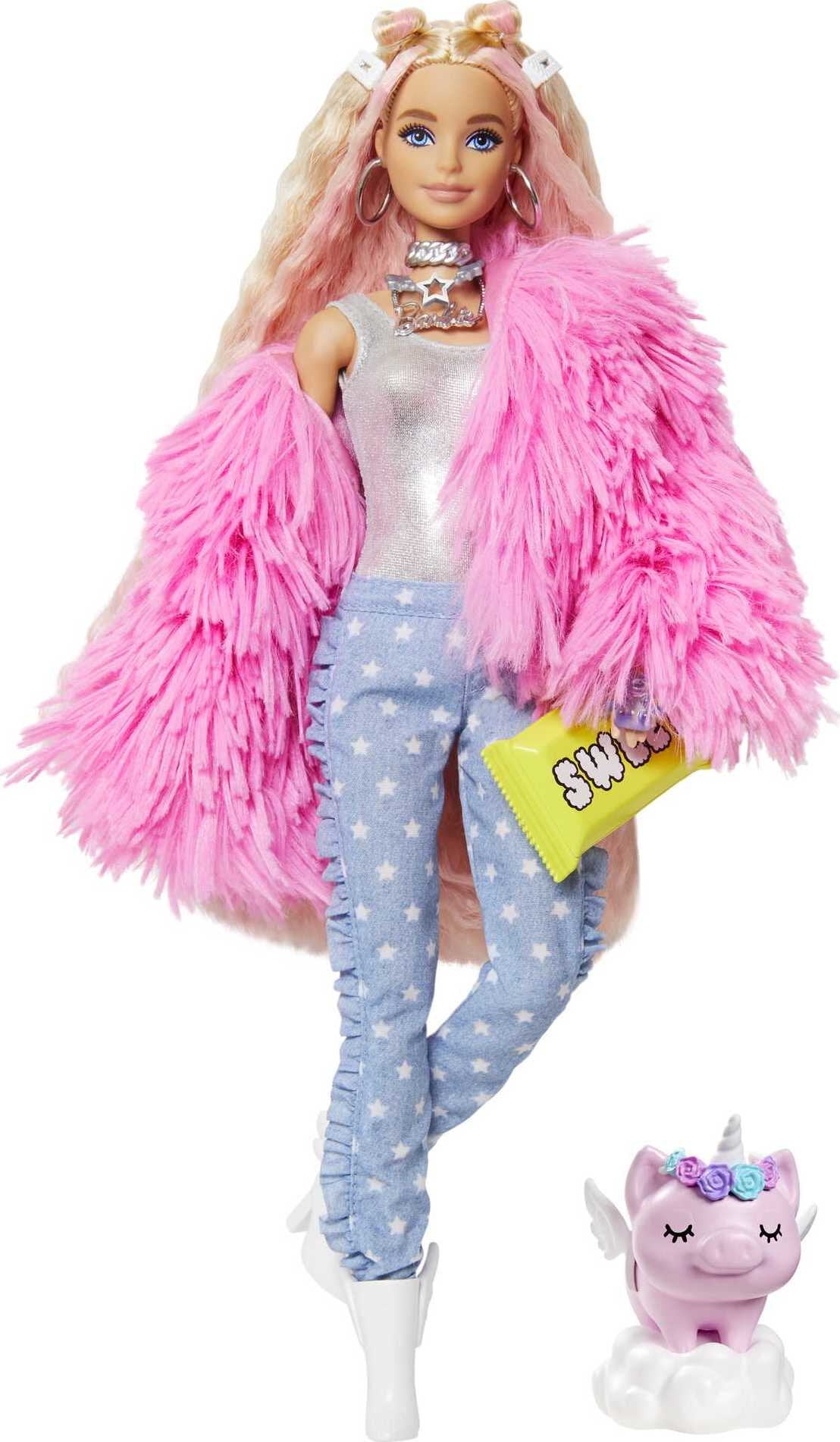 Barbie Extra Fashion Doll with Crimped Hair in Fluffy Pink Coat with  Accessories & Pet