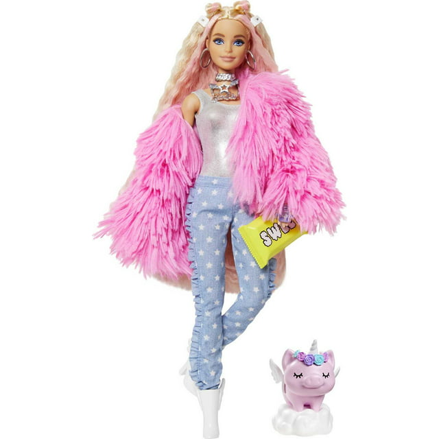 Barbie Extra Fashion Doll with Crimped Hair in Fluffy Pink Coat with Accessories & Pet