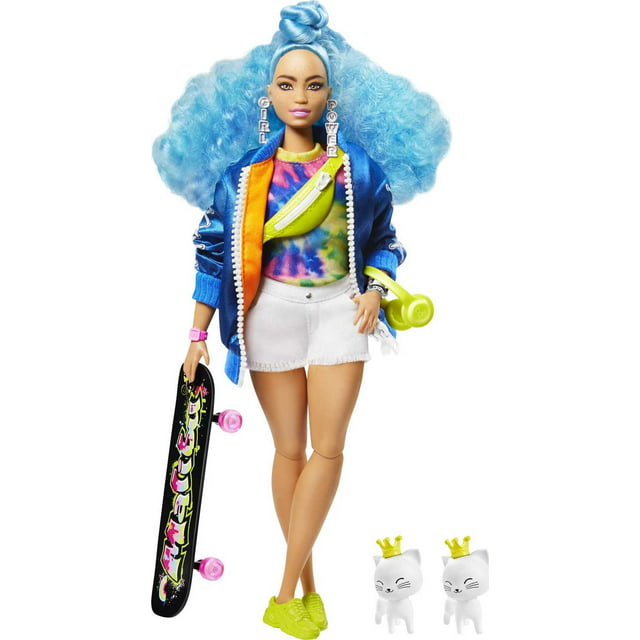 Barbie Extra Fashion Doll with Curvy Shape & Curly Blue Hair in Blue Jacket with Accessories & Pet