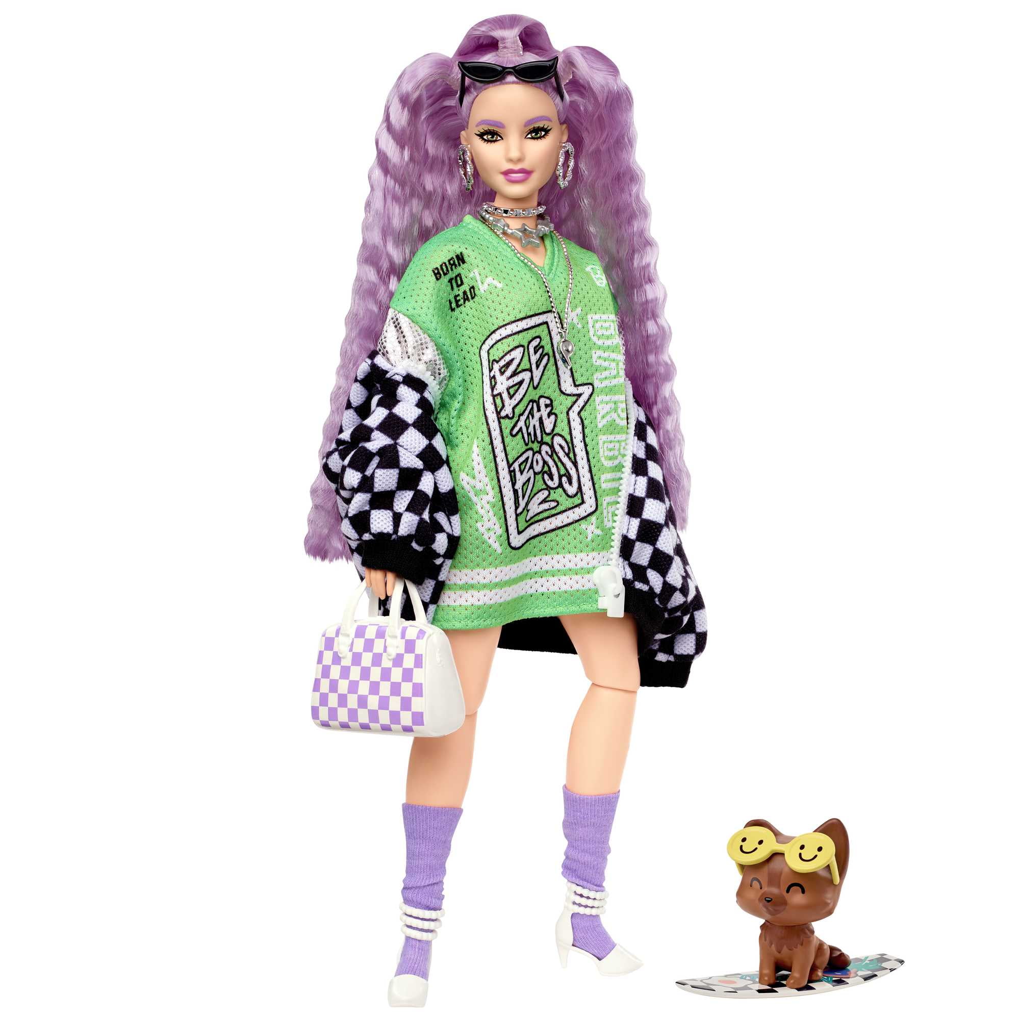 Barbie Extra Fashion Doll with Lavender Hair & Brown Eyes in Checkered  Jacket with Accessories & Pet