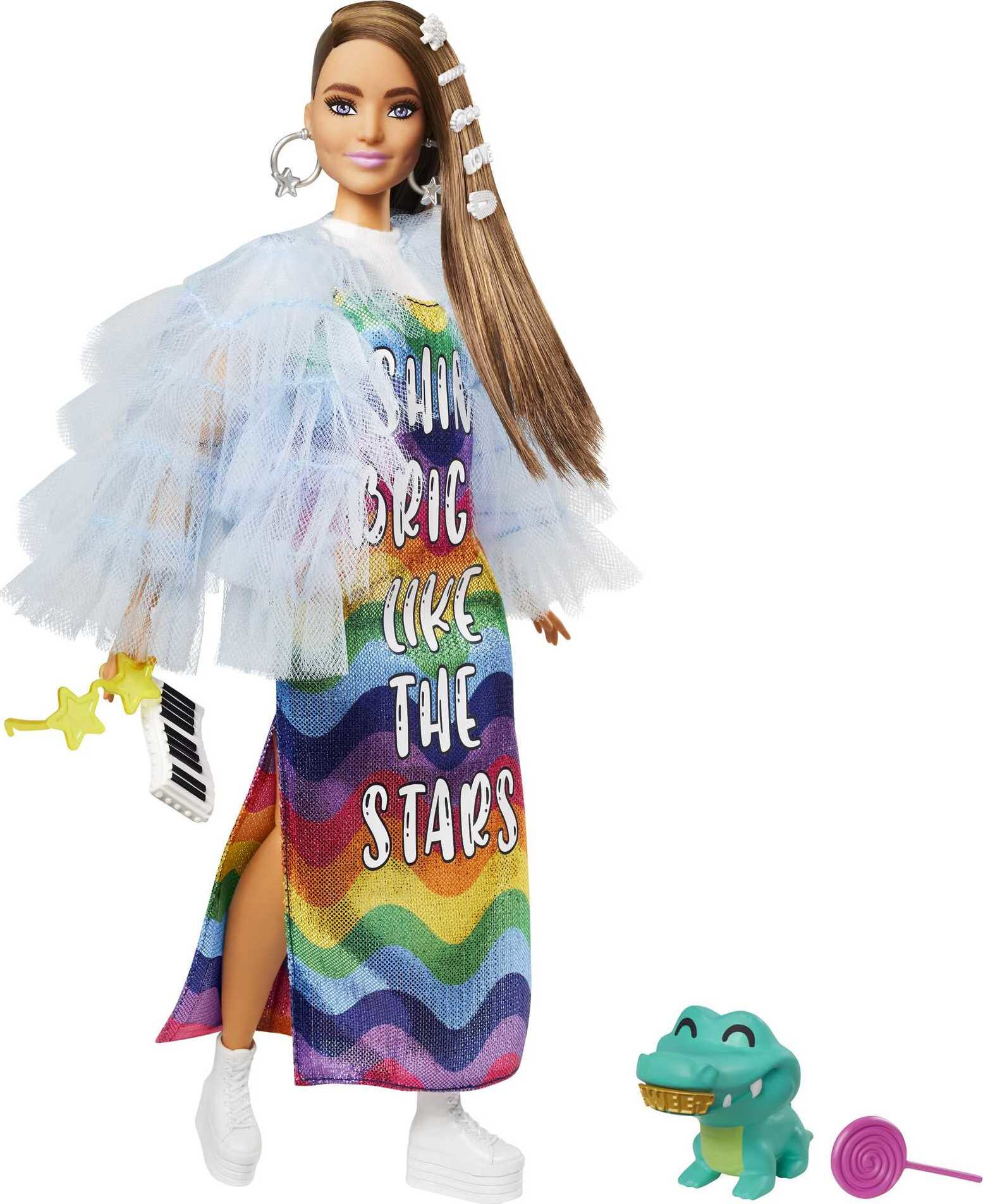 Barbie Extra Fashion Doll with Long Brunette Hair & Bling Clips in Dress with Accessories & Pet - image 1 of 7
