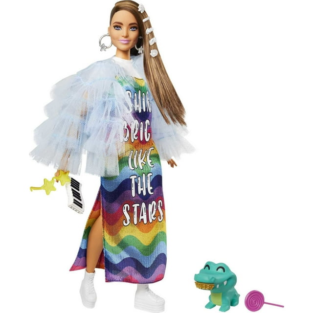 Barbie Extra Fashion Doll with Long Brunette Hair & Bling Clips in Dress with Accessories & Pet