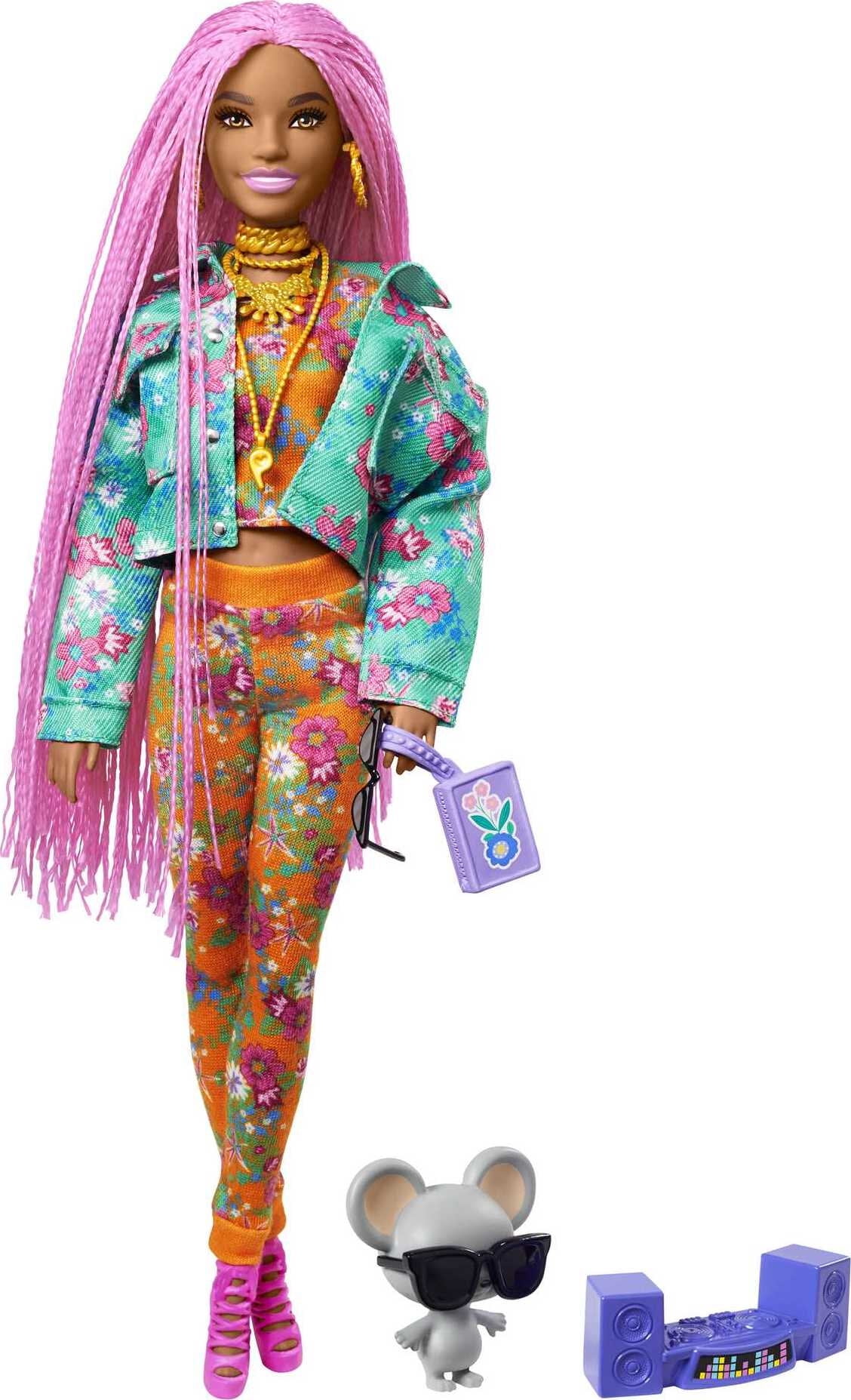 Barbie Extra Fashion Doll with Long Pink Braids in Teal Floral Jacket with  Accessories & Pet