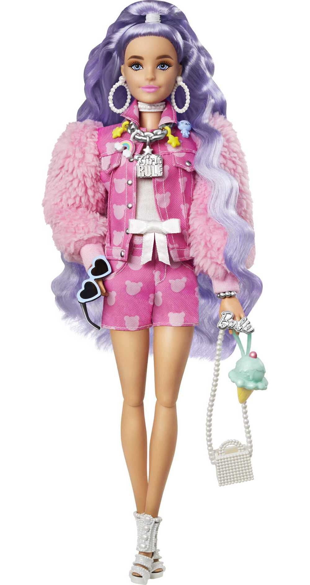Barbie Extra Fashion with Periwinkle Hair Denim Jacket & Shorts with Accessories - Walmart.com
