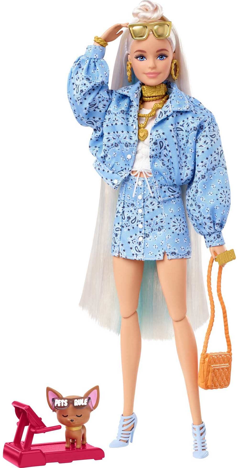 Barbie Doll and Accessories, Barbie Extra Fashion Doll with Platinum Blonde  Hair and Blue Paisley-Print Jacket, Pet Chihuahua