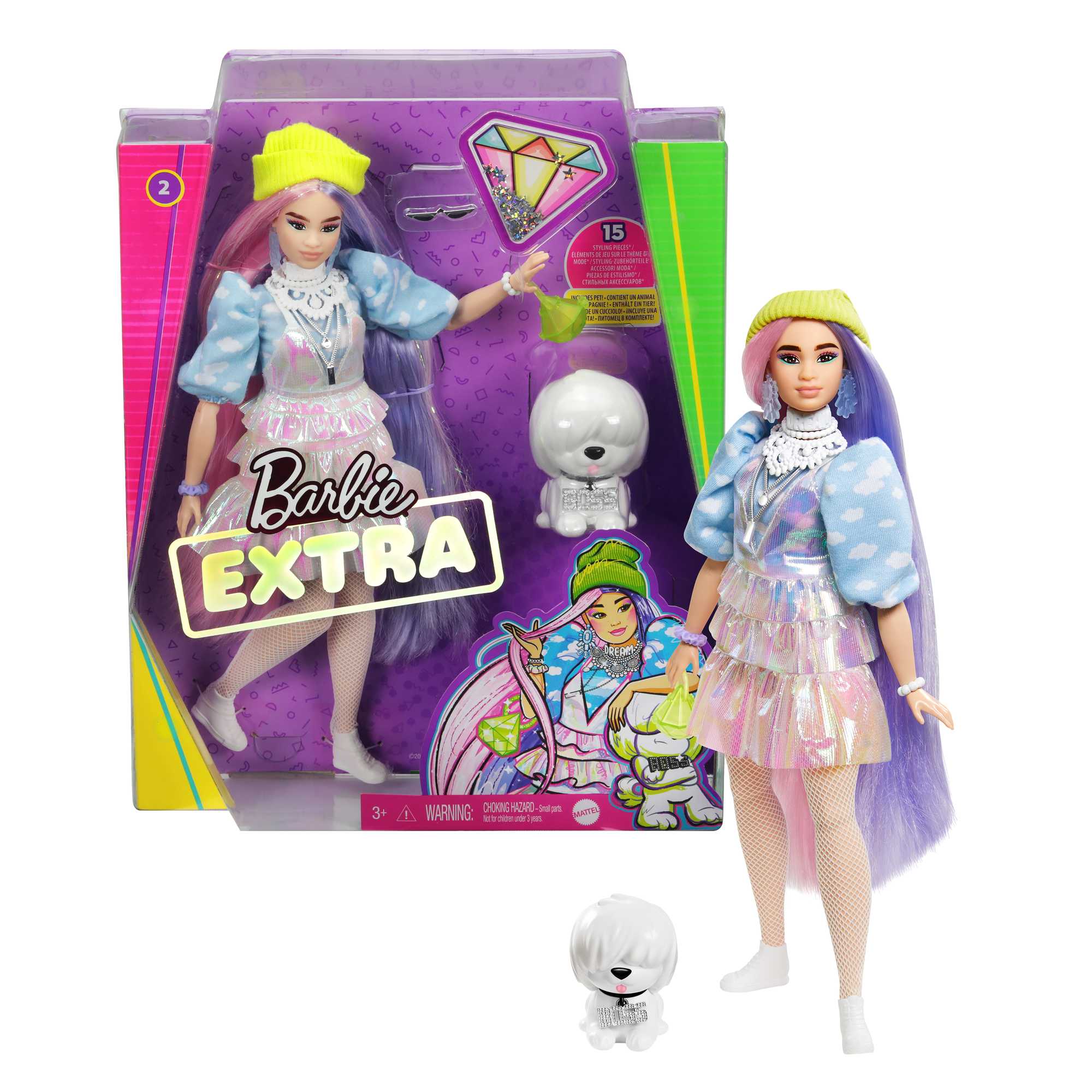 Barbie Extra Fashion Doll with Shimmery Look, Pink & Purple Fantasy Hair, Accessories & Pet - image 1 of 8
