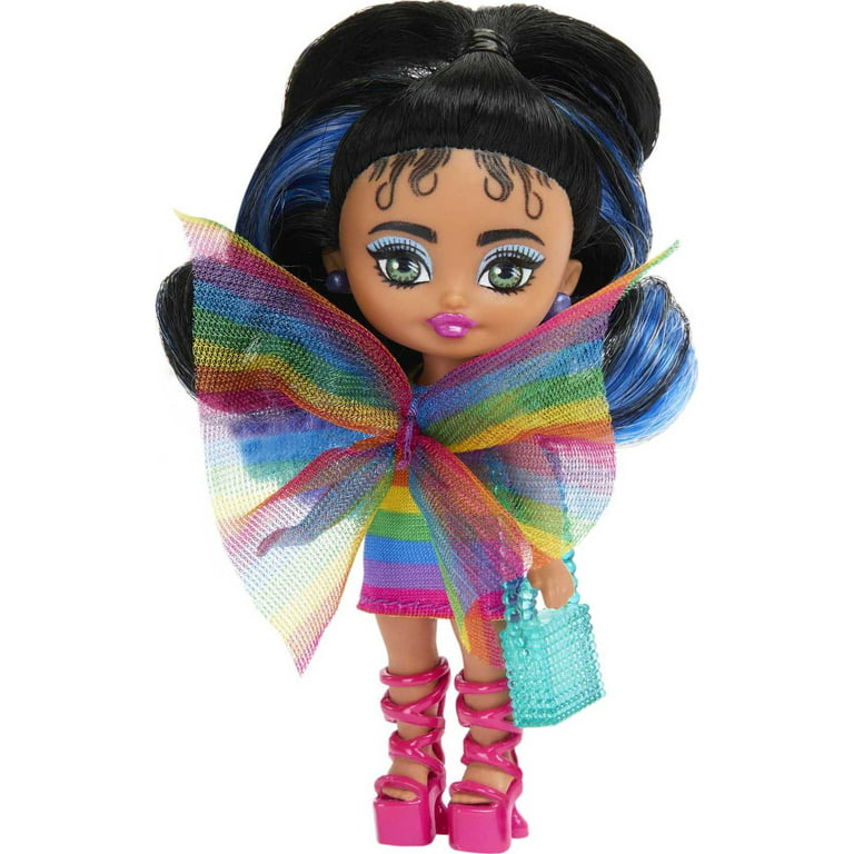 Barbie Extra Mini Minis Doll with Blue-Streaked Black Ponytail in Rainbow  Dress & Accessories