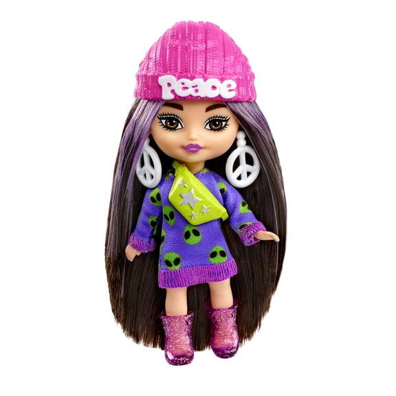 Barbie Extra Mini Minis Doll with Brunette Hair, Alien Sweater Dress & Peace-Sign Themed Accessories