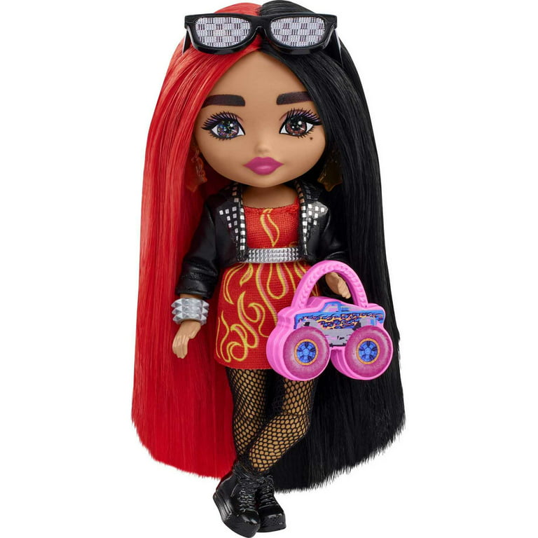 Barbie Extra Minis Doll with Red & Black Hair in Flame-Print Dress & Moto  Jacket with Accessories