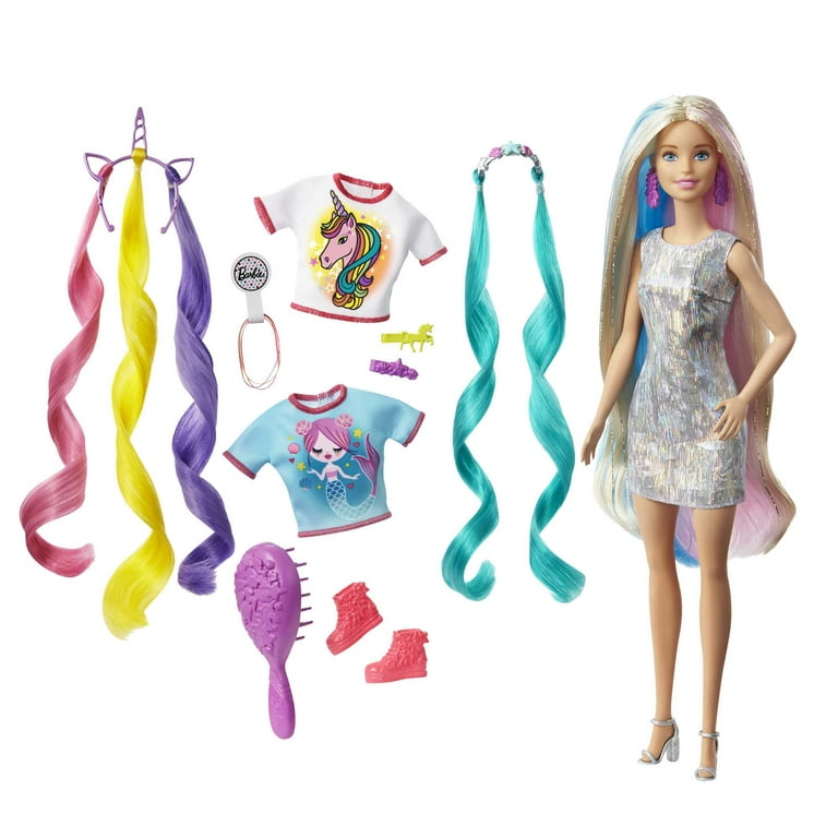 Barbie Fantasy Hair Fashion Doll with Colorful Blonde Hair, Accessories and  Clothes 