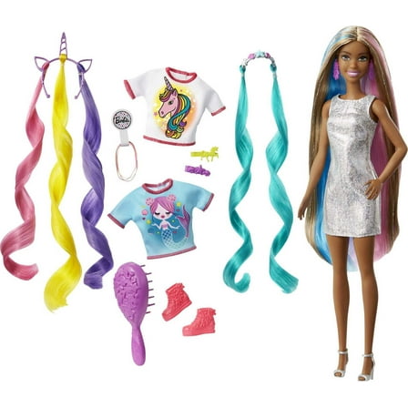 Barbie Fantasy Hair Fashion Doll with Colorful Brunette Hair, Accessories and Clothes