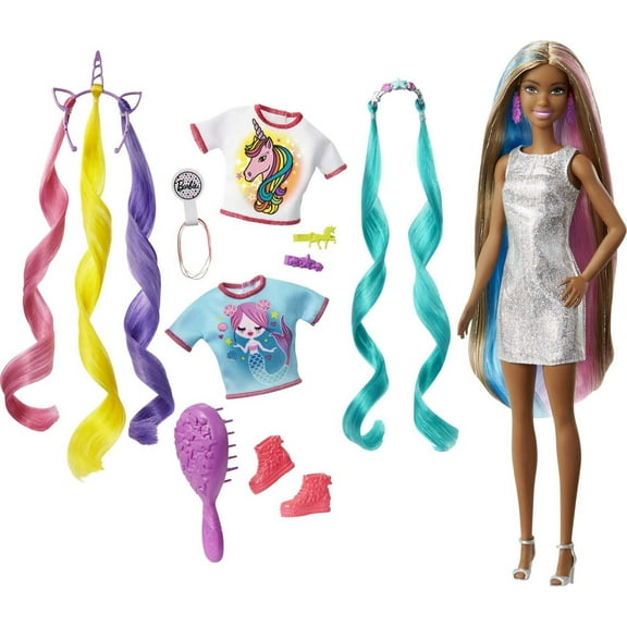 Barbie Fantasy Hair Fashion Doll with Colorful Brunette Hair, Accessories and Clothes