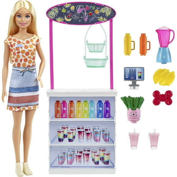 Barbie Fashion Doll & Smoothie Bar Playset with Fruit & Blender Accessories, Blonde Hair