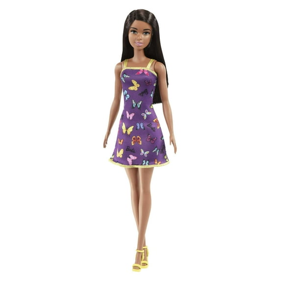 Barbie Fashion Doll with Black Hair Dressed in Colorful Butterfly Print Dress & Strappy Heels, 11 in