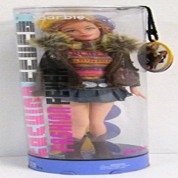 Barbie Fashion Fever Doll: Barbie w/Multi-Colored Turtleneck, Belted Blue Denim Skirt, Brown Leather Coat, Fur Collar