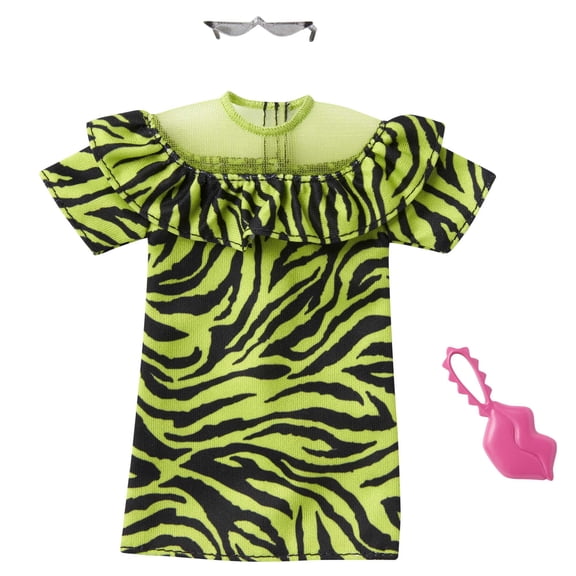 Barbie Fashion Pack of Doll Clothes, 1 Green & Black Zebra Print Mini Dress & 2 Accessories