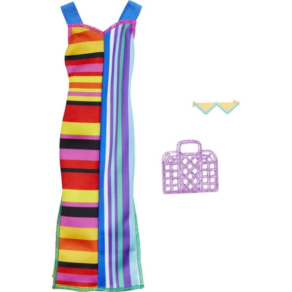 Barbie Fashion Pack of Doll Clothes, Complete Look Set with Striped Dress and Accessories
