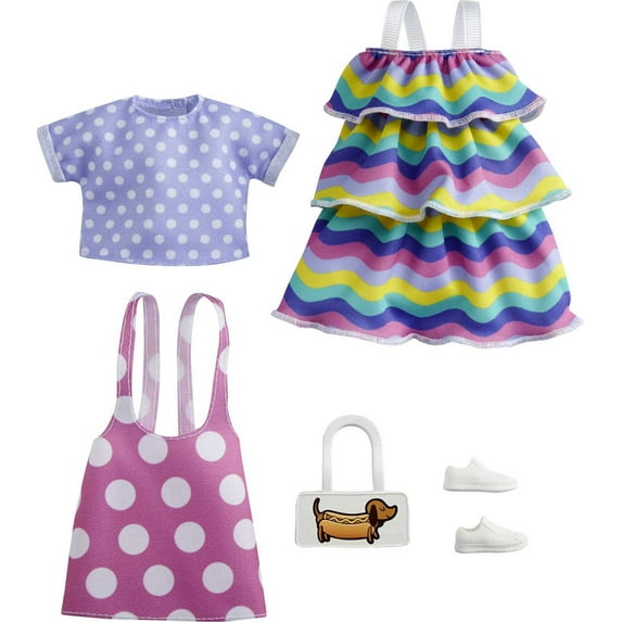 Barbie Fashion Pack with Striped Dress, Polka-Dot Jumper, Purse & Sneakers for Dolls (2 Outfits)