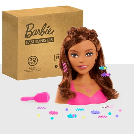 Barbie Fashionistas 8-Inch Styling Head, Brown Hair, 20 Pieces Include Styling Accessories, Hair Styling for Kids, Kids Toys for Ages 3 Up, Gifts and Presents