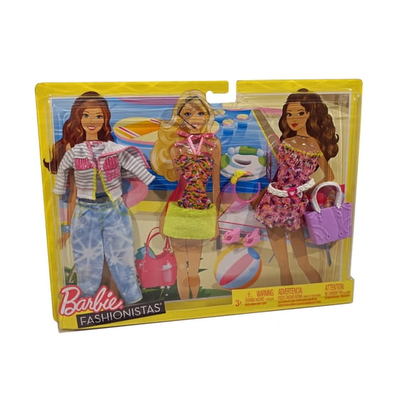 Barbie Fashionistas Bright Beach Outfits Plastic Doll Clothing, 3 Pieces