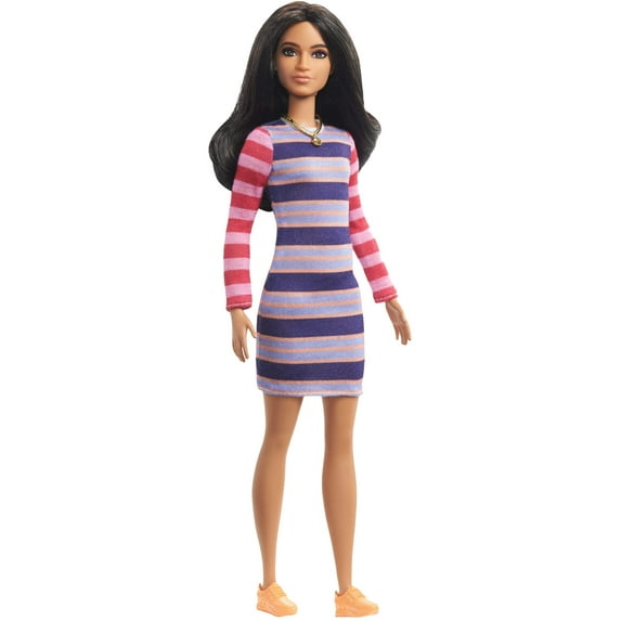 Barbie Fashionistas Doll #147 With Long Brunette Hair & Striped Dress