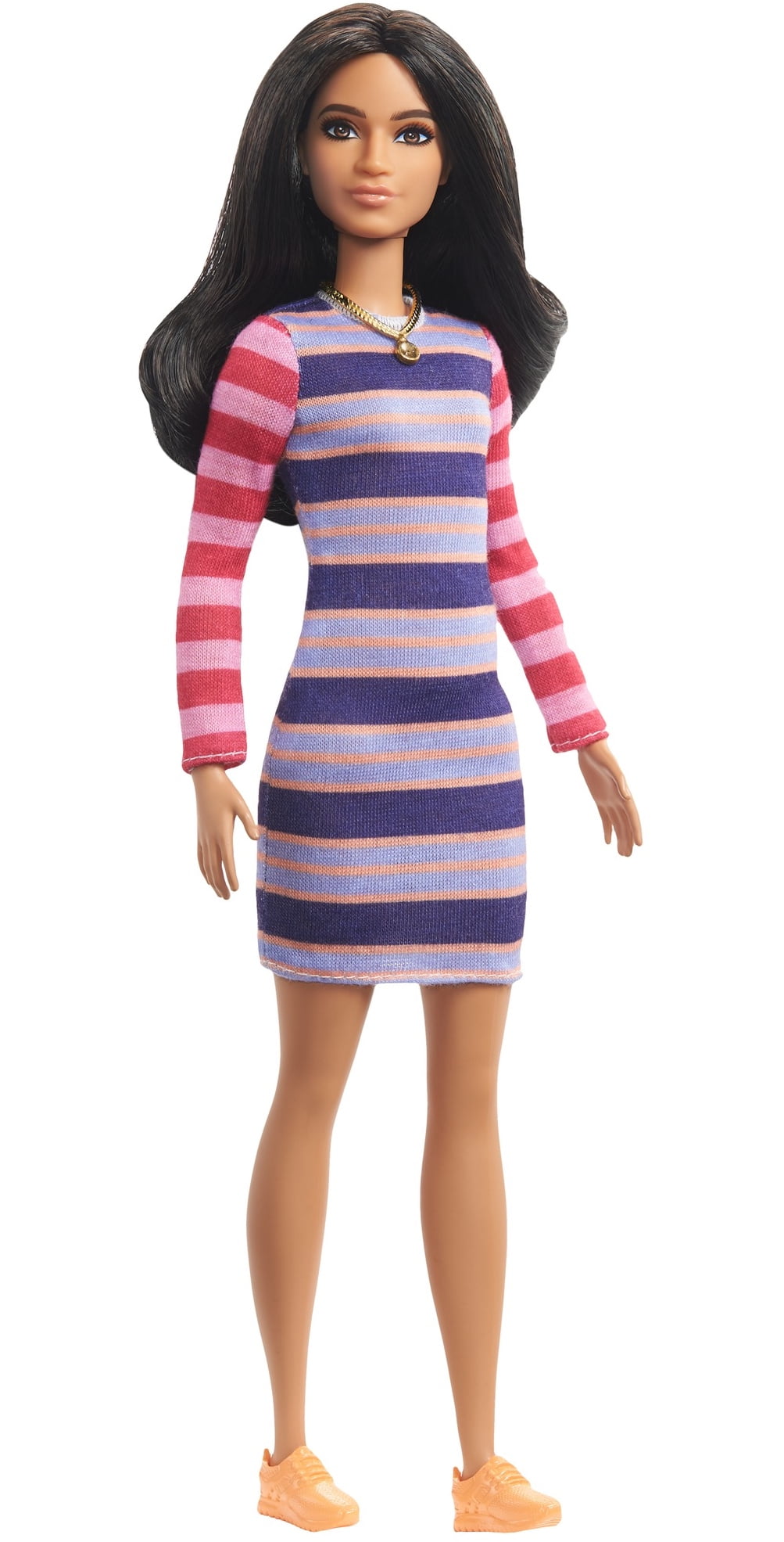 Barbie Fashionistas Doll #147 With Long Brunette Hair & Striped Dress 