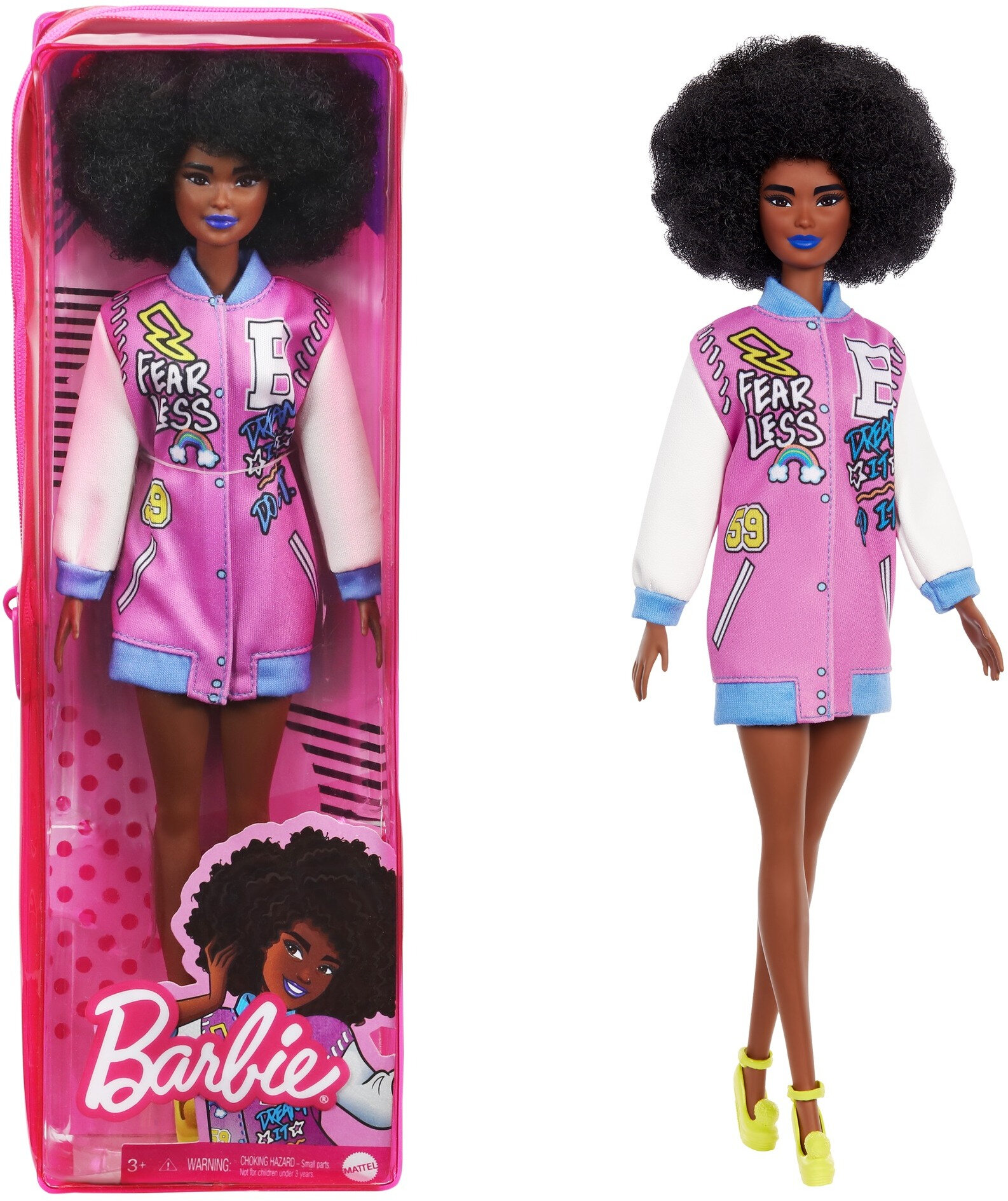 Barbie Fashionistas Doll #156 with Brunette Afro & Blue Lips Wearing Graphic Coat Dress - image 1 of 7