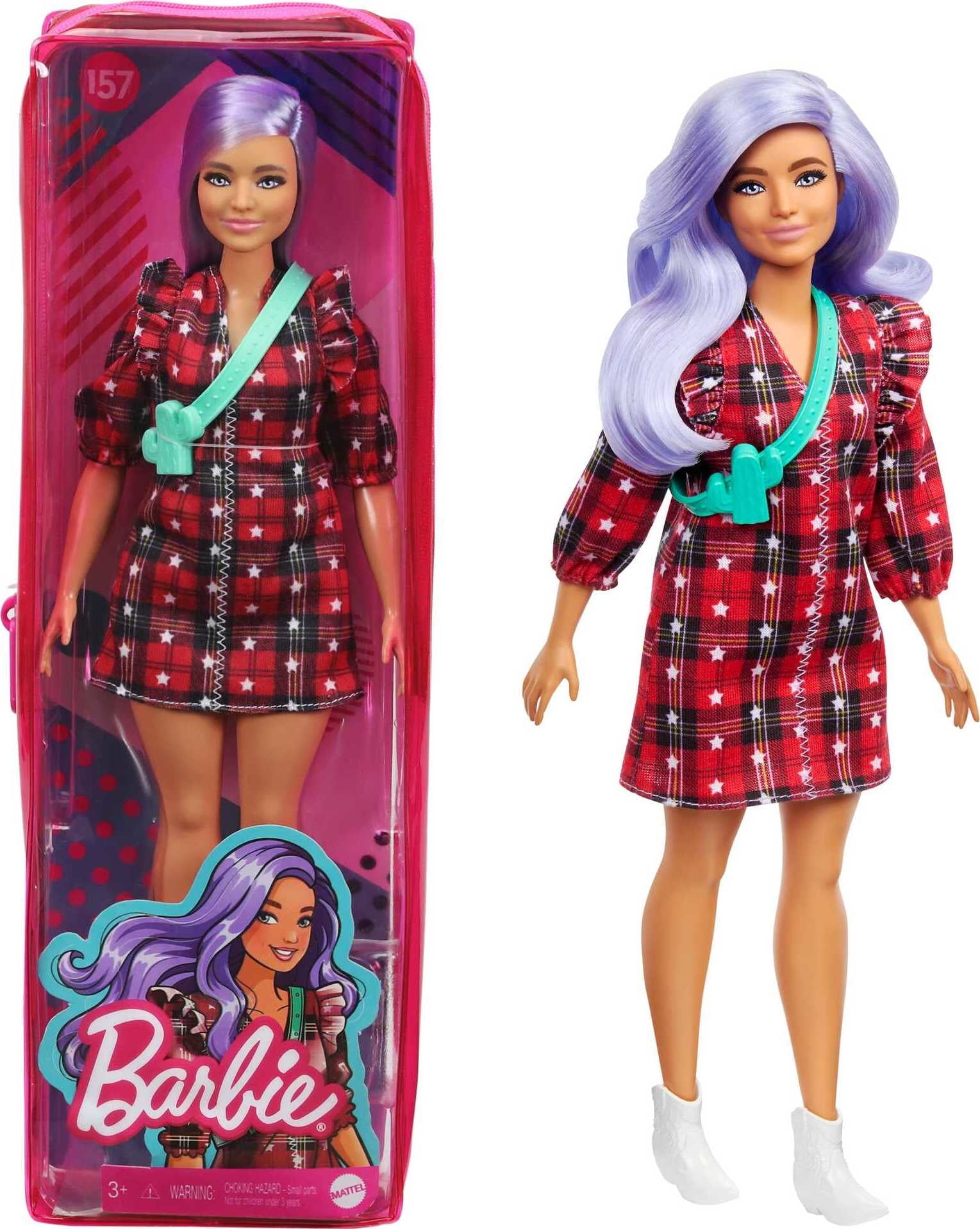 hugge Ultimate Wings Barbie Fashionistas Doll #157, Curvy with Lavender Hair in Red Plaid Dress  & White Cowboy Boots - Walmart.com