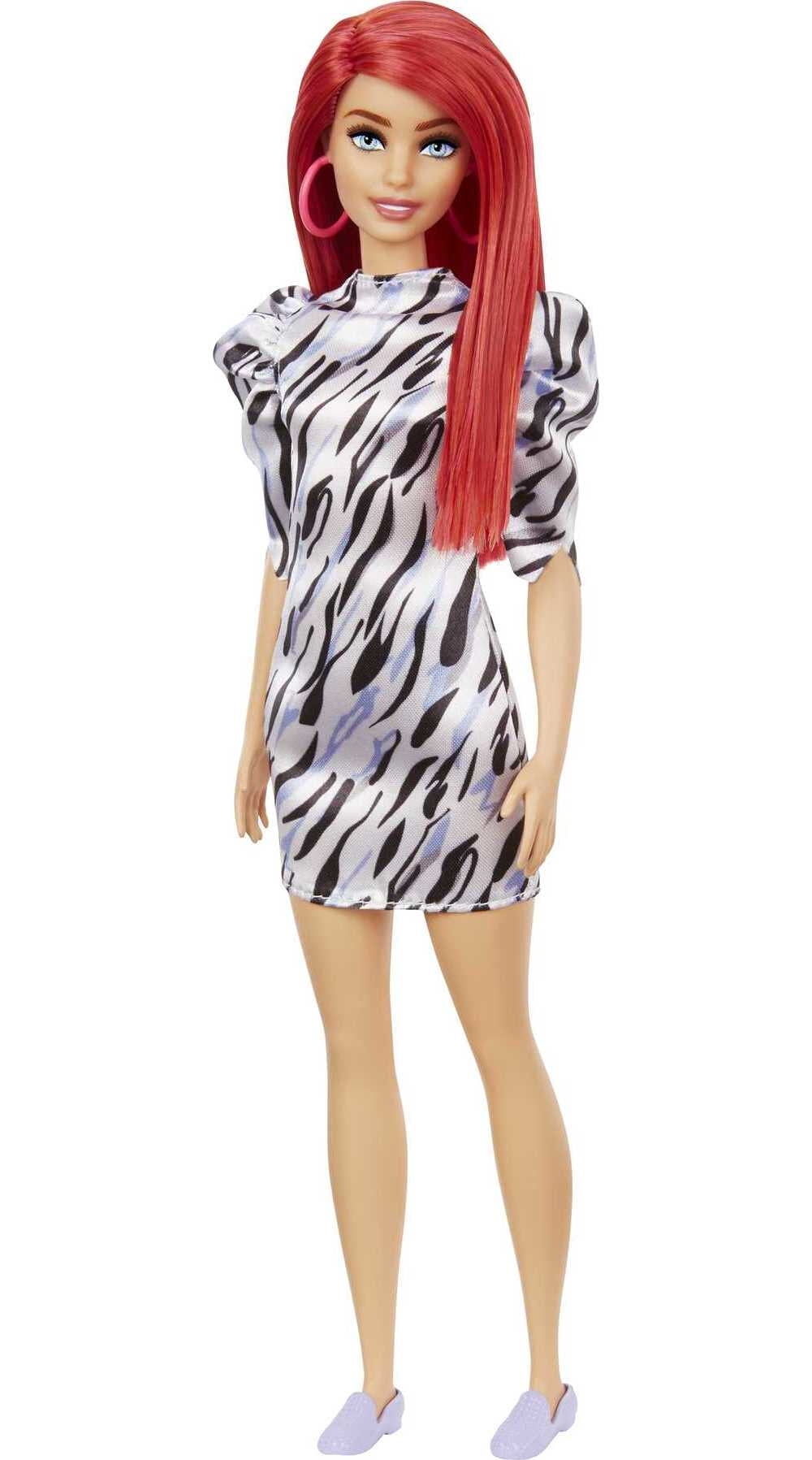 Barbie Fashionistas Doll #168 with Smaller Bust, & Long Red Hair in  Zebra-striped Dress