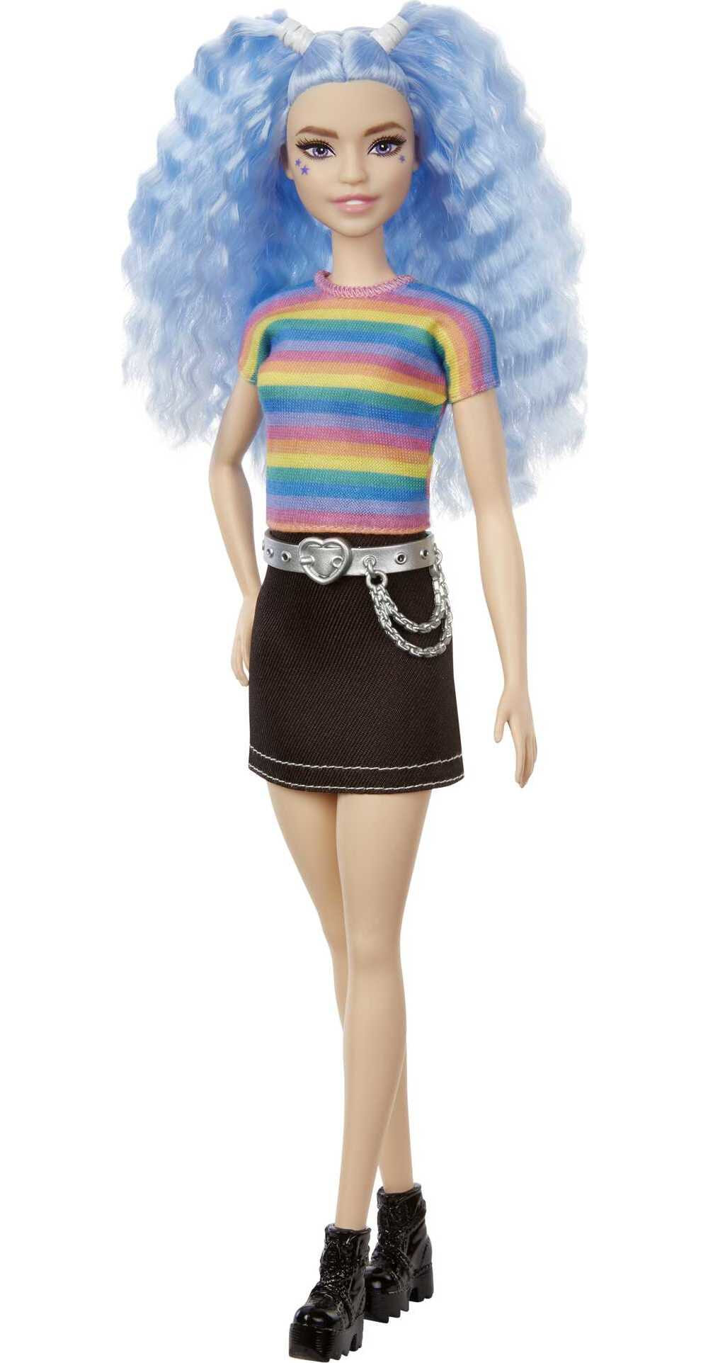 Barbie Fashionistas Doll #170 with Long Blue Crimped Hair, Star Face Makeup in Striped Tee - image 1 of 7