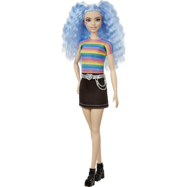 Barbie Fashionistas Doll #170 with Long Blue Crimped Hair, Star Face Makeup in Striped Tee